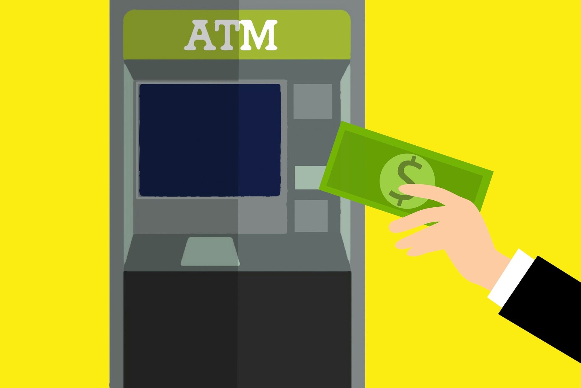 Illustration of a hand inserting a banknote into a cryptocurrency ATM